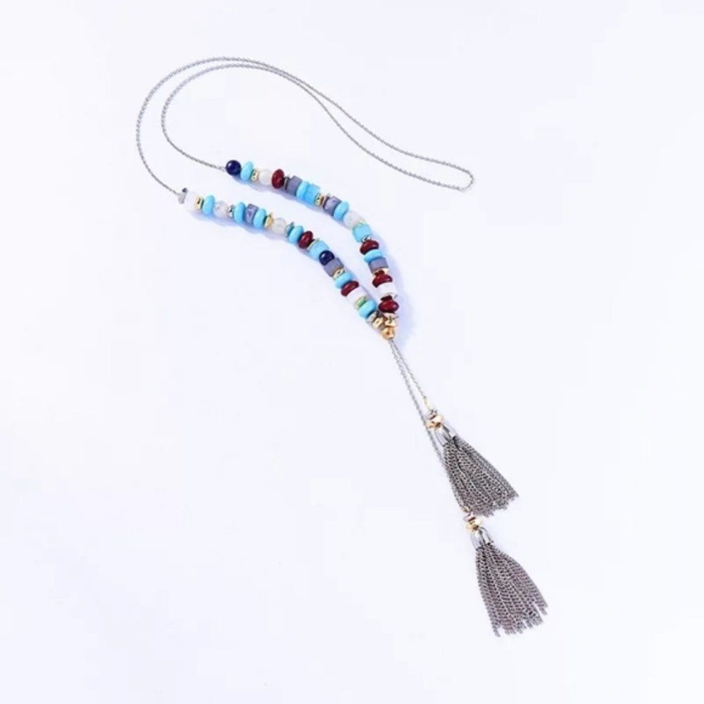 Blue Beaded Tassel Fringe Lariat Long Vintage Silver Pendant Statement Necklace